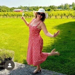 Avec Les Filles Red and White Checkered Cherry 🍒 Midi Dress